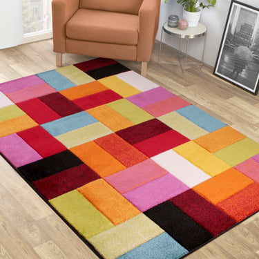 Spectra Carved Largo Geometric Rainbow Bright Multi Coloured Soft Rug Hallway Runner