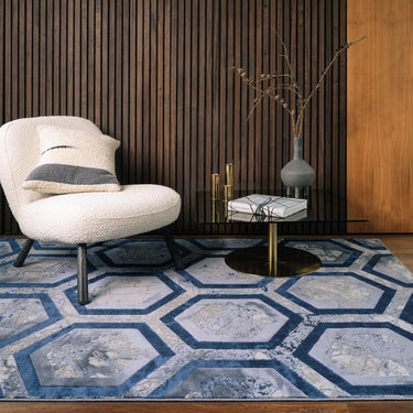 Aurora Hexagon AU19 Geometric Marbled Shiny Blue Grey Rug