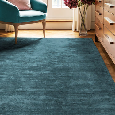 Blade Plain Silky Hand Woven Viscose Soft Shiny Rug Runner in Teal Blue