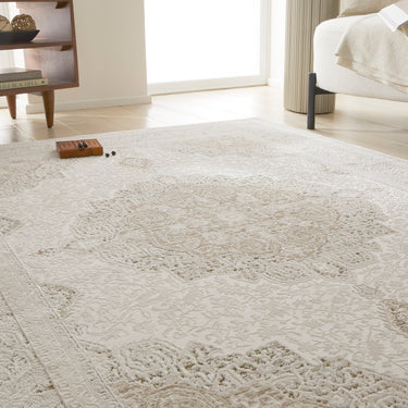 Olivia OLI103  Bordered Medallino Traditional Rug in Cream Khaki