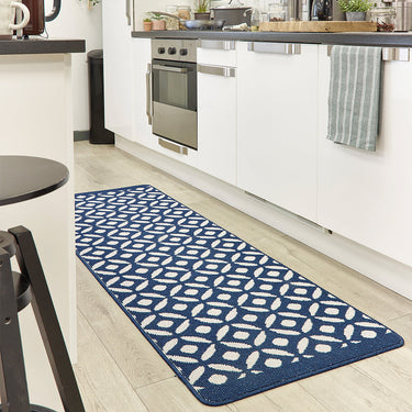 My Stain Resistant Crescent Pattern Navy Washable Non-Slip Polypropylene Geometric Hallway Runner Rug