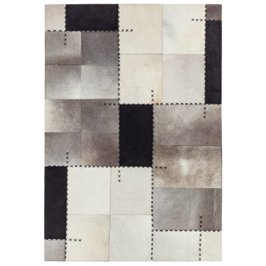 Asiatic London Xylo Sewn Cowhide Patchwork Leather Black Mono Handmade Geometric Textured Rug 200x290 cm