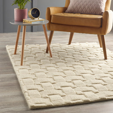 Basketweave 3D Ivory Handmade Wool Geometric Rug
