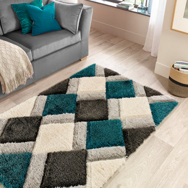 Origins 3D Geo Silky Diamond Teal Blue Hand-Carved Shaggy Geometric Rug