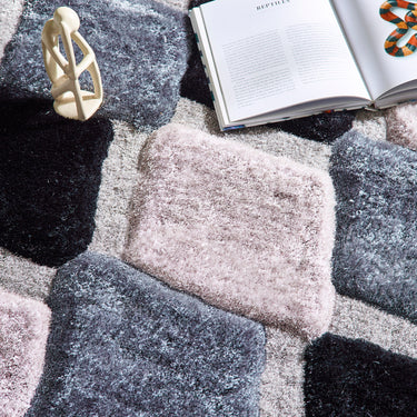 Origins 3D GEO Shaggy Modern Rug in Blush Pink, Red, Ochre and Grey