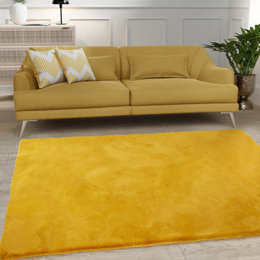 URCO Luxe Faux Fur Super Ochre Yellow Shaggy Textured Plain Rug - X-Small 60x100 cm (2'x4')