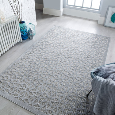 Piatto Argento Geometric Patterned Flatweave Outdoor Indoor Silver Rug in Small Size 80x150 cm (2'6"x5')