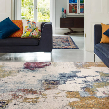 Nova Modern Abstract Pictorial Painterly Rug in Mustard and Navy Fuchia