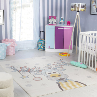 Ankara AKR2358 Kids Playful Sweet Deer Nursery Bedroom & Playroom Cream Multi Rug for Child Room