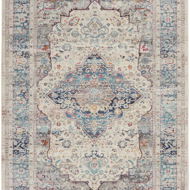 Nourison Kashan VKA07 Medallion Bordered Classic Ivory Blue Polypropylene Persian Traditional Vintage Rug