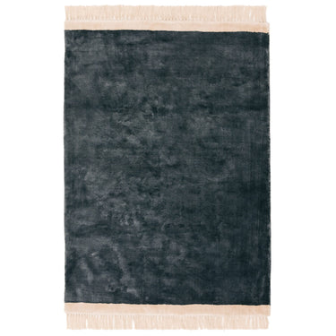Elgin Petrol Blue Fringed Champagne Pink Border Hand-Woven Viscose Cotton Textured Rug
