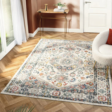 URCO Nova Oscar Cream Blue Polypropylene Traditional Vintage Bordered Rug - X-Large 200x290 cm (6'7"x9'6")