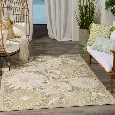Aloha ALH33 Ivory Sage Green Indoor Outdoor Washable Polypropylene Floral Rug - Medium 107x168 cm (3'6"x5'6")