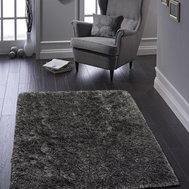 Origins Ritzy Fluffy Silky High Pile Charcoal Grey Shaggy Plain Soft Rug