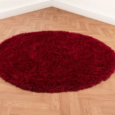 Boston Plain Thick Soft Fluffy Plush Silky Sparkle Shaggy Rug Round in Red