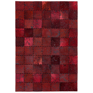 Asiatic London Xylo Red Cross Stitch Patchwork Cowhide Leather Handmade Geometric Textured Rug