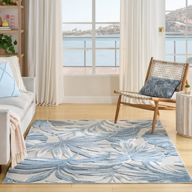 Nourison Aloha ALH43 Ivory Blue Indoor Outdoor Polypropylene Floral Textured Rug