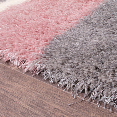 Boston Lightning Stripe Soft Silky Shaggy Rug in Grey Blush Pink, Red, Ochre