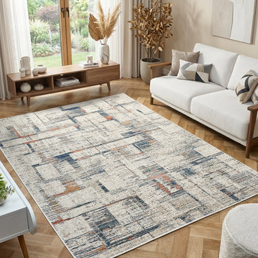 Delta Zeta Cream Navy Grey Cotton Vintage Abstract Geometric Rug