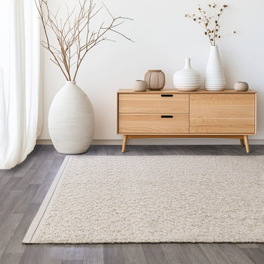 Elm Ivory White Rug Chunky Boucle Modern Plain Hand Woven Flatweave Wool Viscose Rug