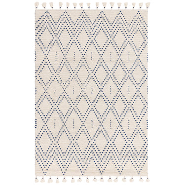 Nepal Cream Blue Diamond Bohomian Berber Hand Woven Wool Fringed Rug
