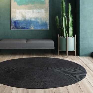 Nico Hand Made Indoor Outdoor Garden Kitchen Circle Round Rugs in Grey Black 200x200 cm
