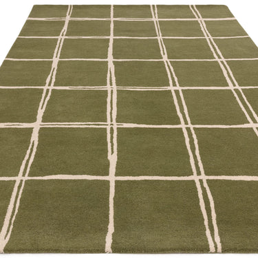 Asiatic London Albany Grid Checkered Lines Olive Green Wool Traditional Geometric Checked Rug