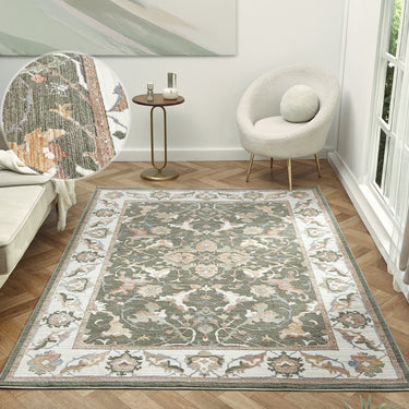 Alia Keyon Green Traditional Floral Bordered Rug