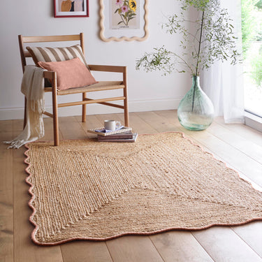 Origins Jute Natural Hand Made Stitched Scalloped Edge Peach Rug or Hallway Runner - Large 160x230 cm (5'3"x7'7")