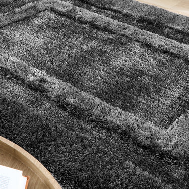 Origins Frame Tufted Silky Thick Charcoal Grey Shaggy Bordered Modern Hallway Runner Rug