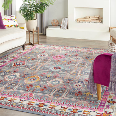 Nourison Kashan VKA05 Grey Multi Bordered Classic Polypropylene Persian Oriental Traditional Rug