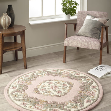 Origins Aubusson Shensi Traditional Wool Round, Hallway, Halfmoon Rug in Pink