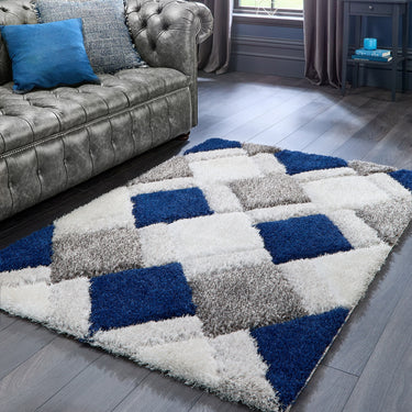 Origins 3D GEO Soft Silky Shaggy Modern Diamond Rug in Navy