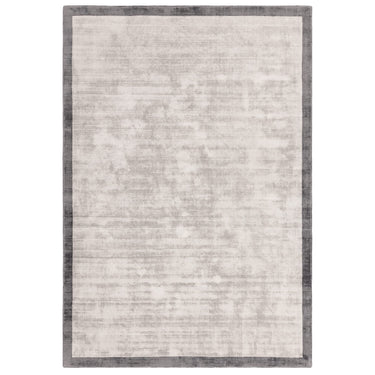 Blade Border Plain Silky Hand Woven Viscose Rug in Silver with Grey Border