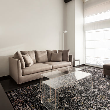 Sovereign Black Floral Traditional Rug Flatweave Silky Shiny Rug