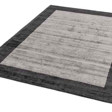 Blade Border Plain Silky Hand Woven Viscose Rug in Silver with Charcoal Border