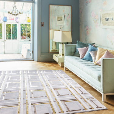 Aurora Elexus AU15 Geometric Squared Shiny Metallic Gold Bronze Grey Rug