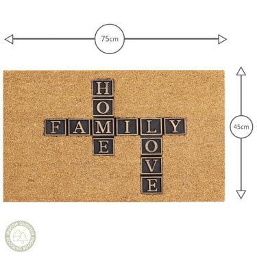 Asiatic London Family Love Crossword Natural DO02 Coir Indoor Outdoor Non-Slip Doormat 45x75 cm