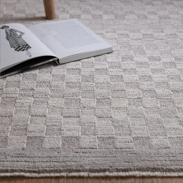 Asiatic London Laurent LA02 Checkered Fringed Grey Cotton Abstract Textured Checked Rug