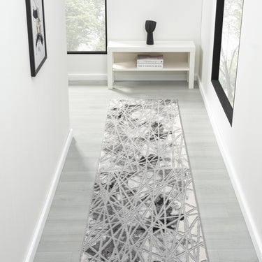 Bianco 185TA Modern Marbled Abstract Dark Grey Silver Rug & Hall Runner - Runner 66x230 cm (2'5"x7'7")