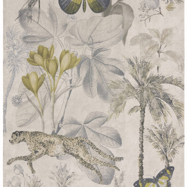 Botany Rug by Clarke & Clarke Exotic Botanical Palm Butterfly Wild Cat Pattern Recycled Fibres Rug in Charcoal Chartreuse