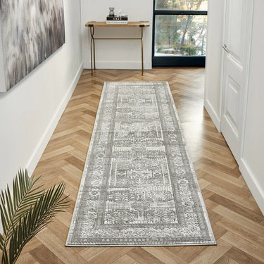 URCO Petra Ellorah Classic Heritage Grey Polypropylene Traditional Textured Bordered Hallway Runner Rug - Runner 80x300 cm (2'7"x10')