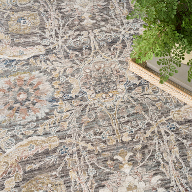 Nourison Antique Fusion ANF03 Fringed Bordered Charcoal Grey Traditional Vintage Abstract Floral Rug