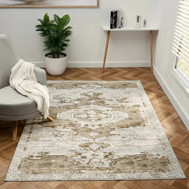 Petra Ajanta Classic Bordered Medallion Natural Polypropylene Traditional Vintage Floral Hallway Runner Rug - Small 80x150 cm (2'6"x5')