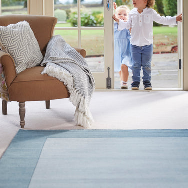 Origins Borders Hand Loom Woven Wool Bordered Rug Hallway in Duck Egg