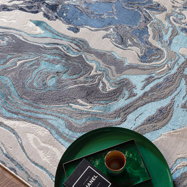 Aurora Ocean AU18 Modern Abstract Marbled Shiny Blue Rug