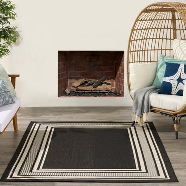 Horizon Bordered HOZ03 Black By Indoor Outdoor Polypropylene Geometric Textured Rug