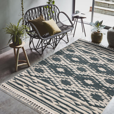 Taza Aztec Scandi 3D Design Fringed Rug Hallway Runner in Green Terracotta Ochre Black