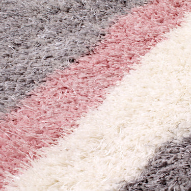 Boston Lightning Stripe Soft Silky Shaggy Rug in Grey Blush Pink, Red, Ochre