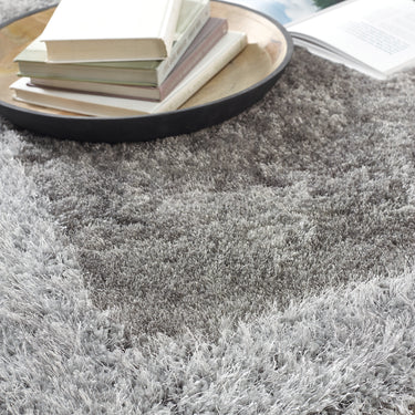 Origins Shimmer Silky Tufted Border Fluffy Shag Silver Shaggy Bordered Modern Rug